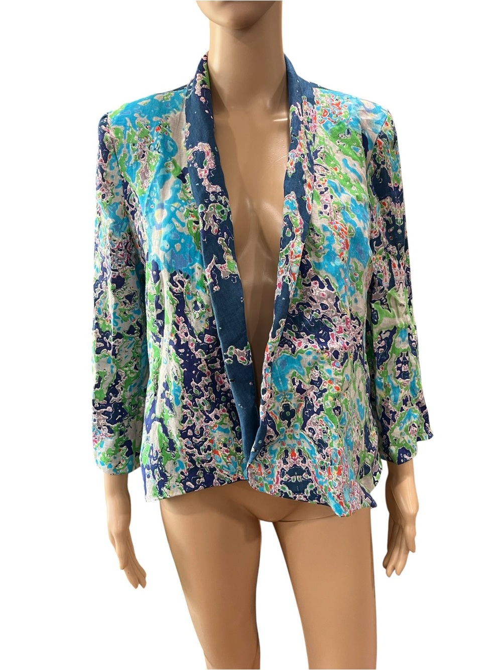 Alberto Makali New York Watercolor Abstract Open Blazer Lined Teal Blue Green